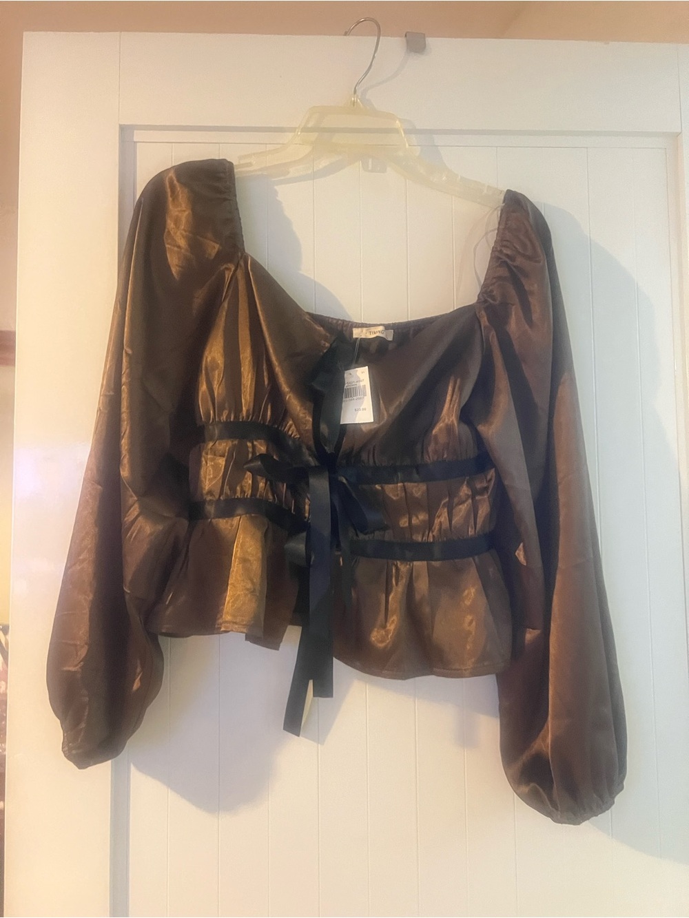 Women’s Brown Satin Puff-Sleeve Peplum Top